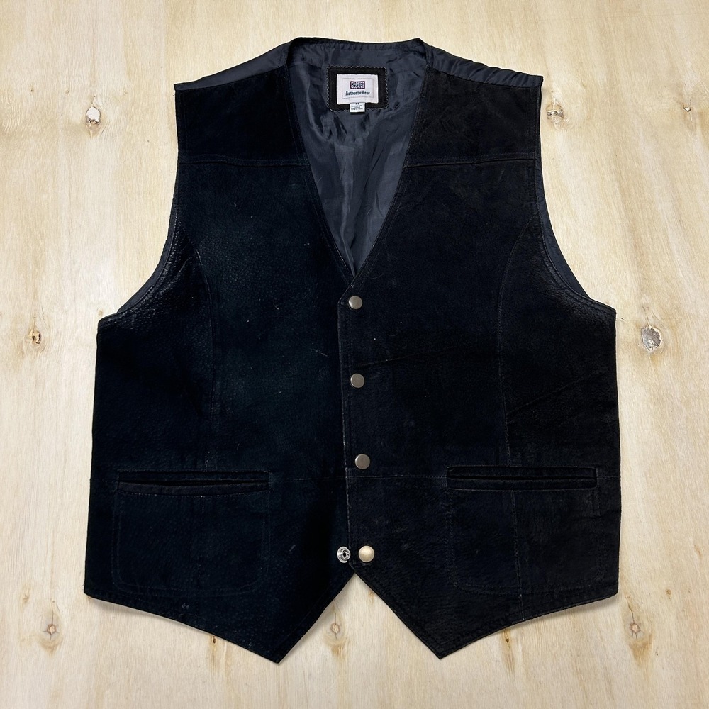 Faded Glory Vest Mens Medium Black Suede Snap Front Collarless Lined Casual